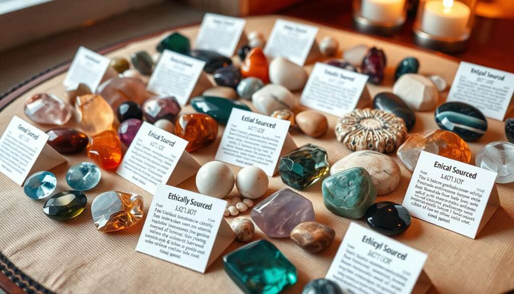 A collection of ethically sourced gemstones with documentation cards explaining ethical sourcing in gemstone industry