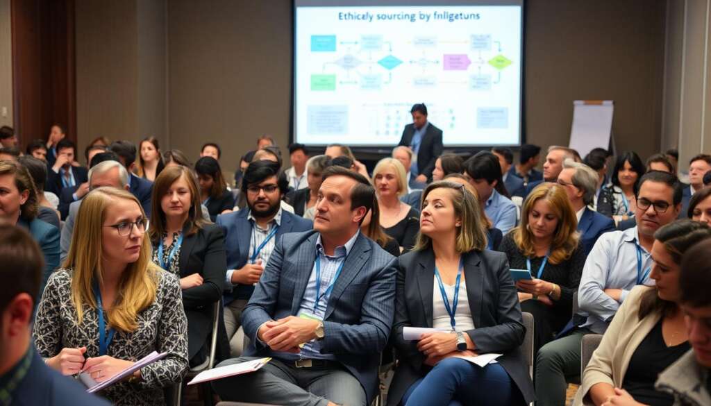 A conference room with people discussing ethical sourcing in gemstone industry