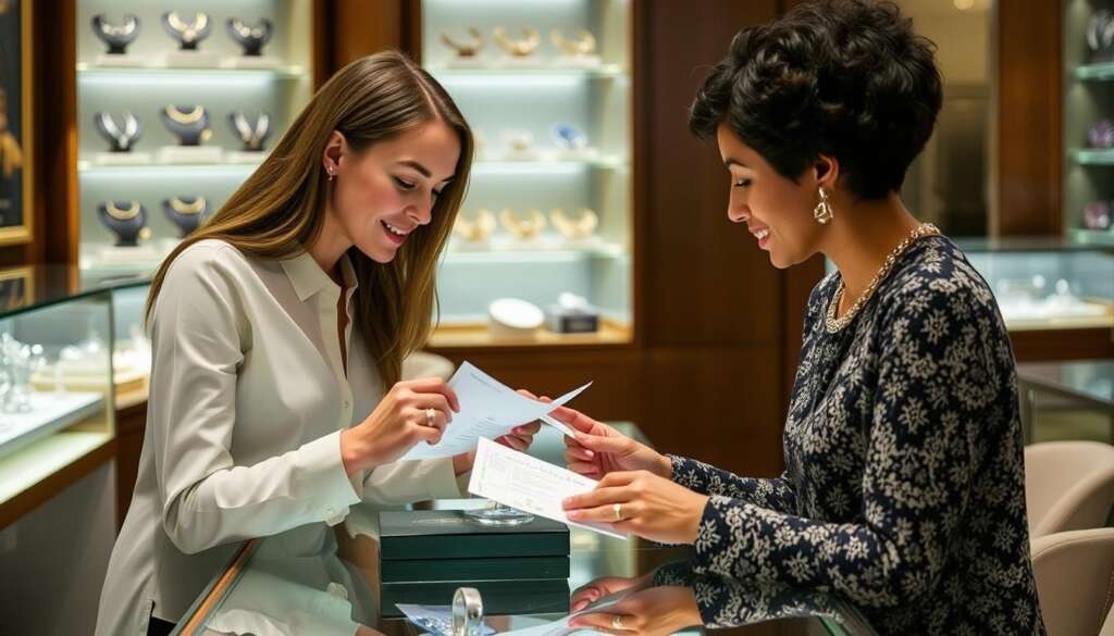 A customer asking questions about ethical sourcing in gemstone industry at a jewelry counter
