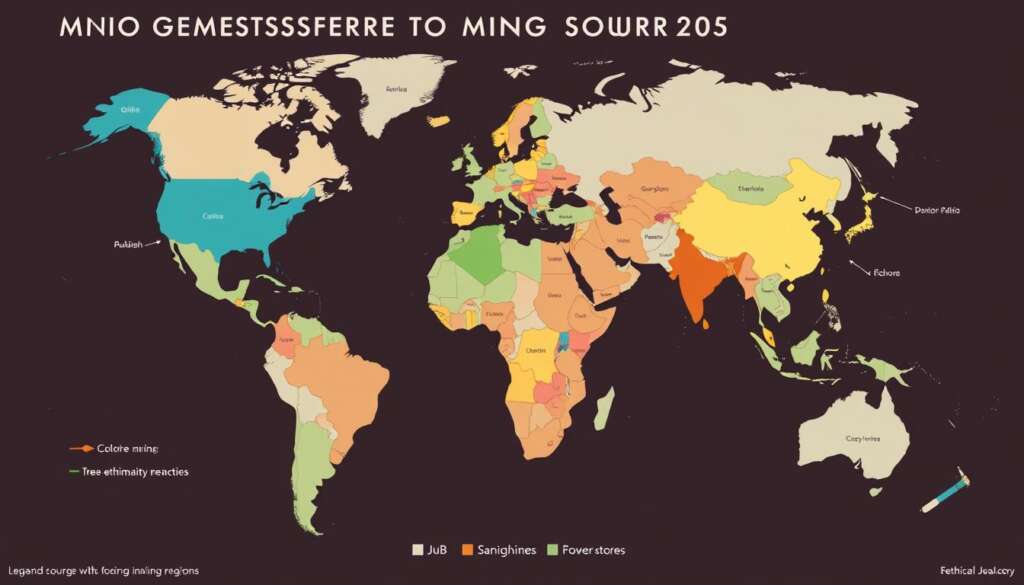 A map showing ethical gemstone mining locations with ethical sourcing in gemstone industry practices highlighted