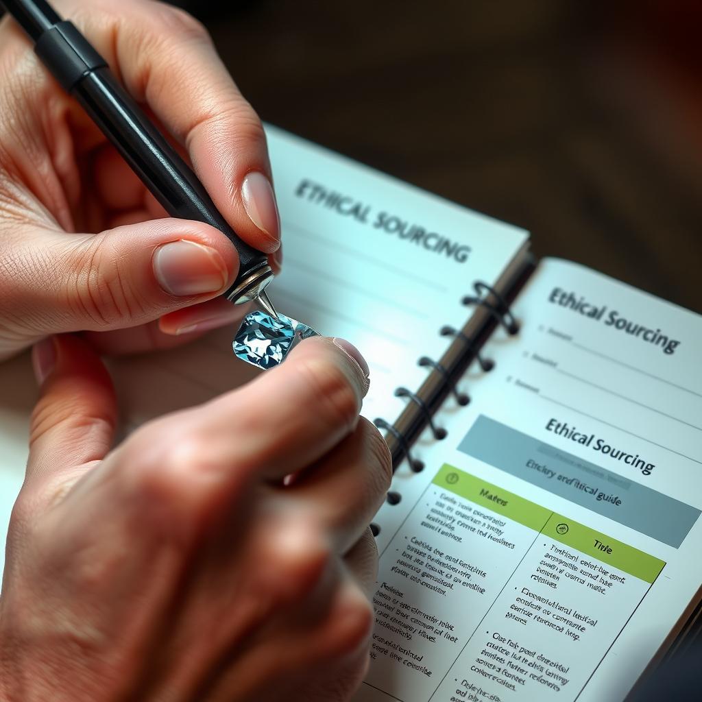 A person examining gemstones with a loupe while taking notes about ethical sourcing in gemstone industry