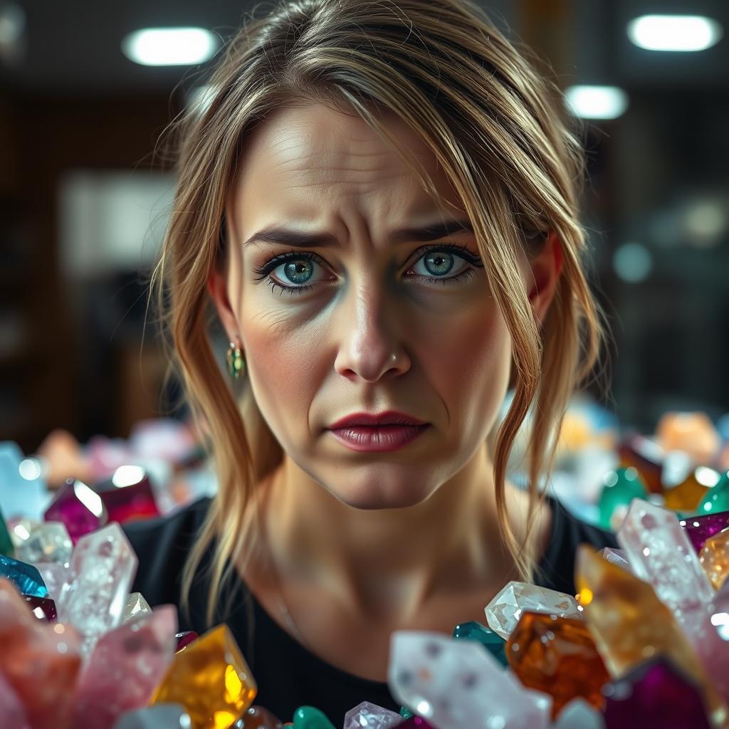 A person looking distressed at a gemstone show, representing ethical sourcing crisis in gemstone industry