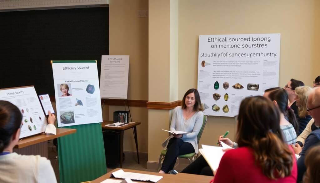 A person teaching a workshop about ethical sourcing in gemstone industry to an engaged audience