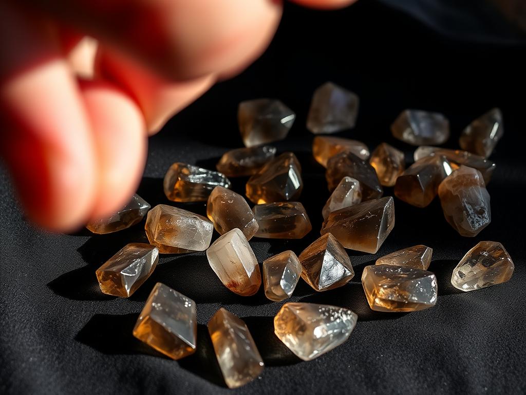 Close-up of smoky quartz crystals with a questioning hand gesture, representing ethical sourcing concerns in gemstone industry