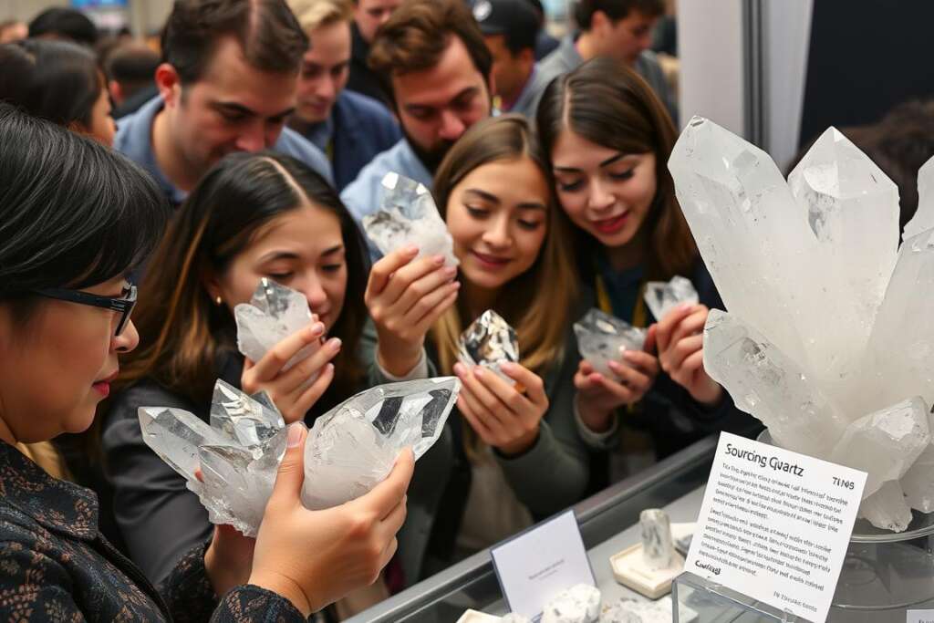 Crystal enthusiasts examining gemstones while ignoring ethical sourcing information in gemstone industry