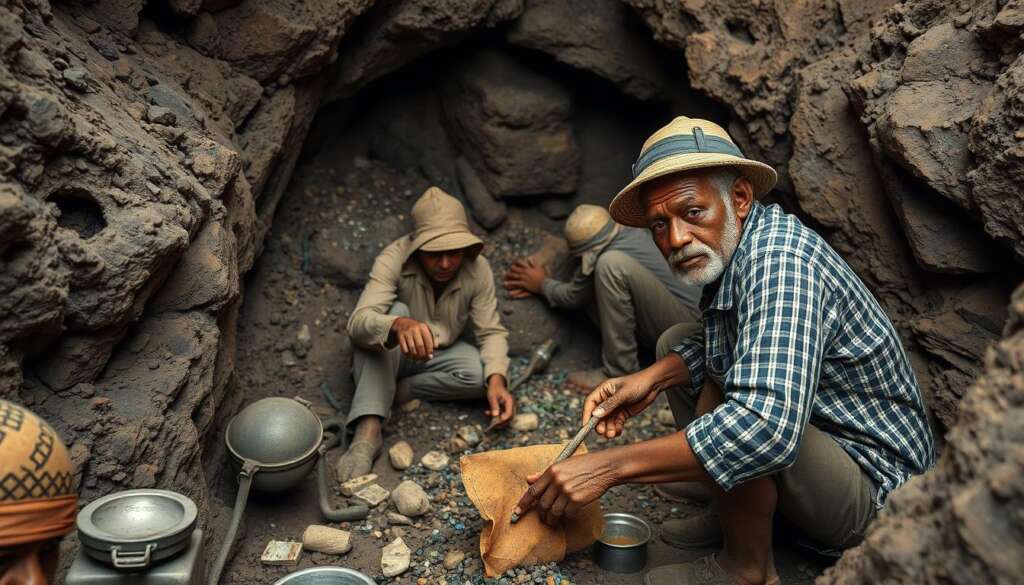 Small-scale artisanal miners working in conditions that highlight ethical sourcing challenges in gemstone industry