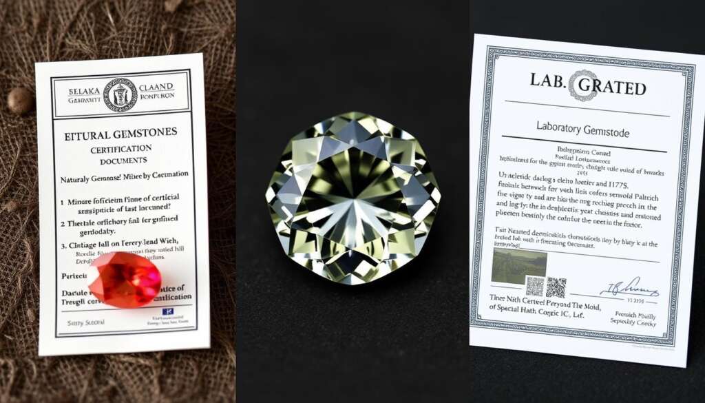 Three types of ethical gemstone options with certification documents showing ethical sourcing in gemstone industry