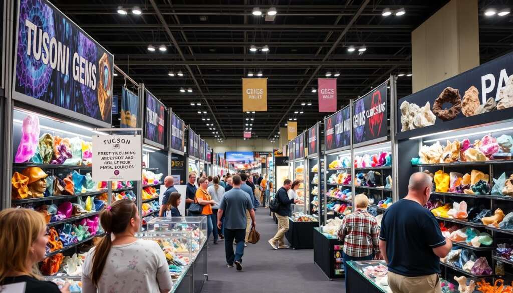 Tucson Gem Show with displays of crystals and ethical sourcing in gemstone industry signage
