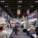 Tucson Gem Show with displays of crystals and ethical sourcing in gemstone industry signage