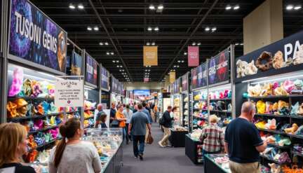 Tucson Gem Show with displays of crystals and ethical sourcing in gemstone industry signage