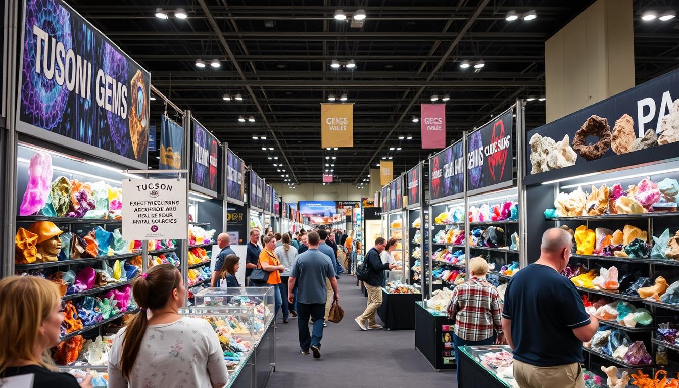 Tucson Gem Show with displays of crystals and ethical sourcing in gemstone industry signage