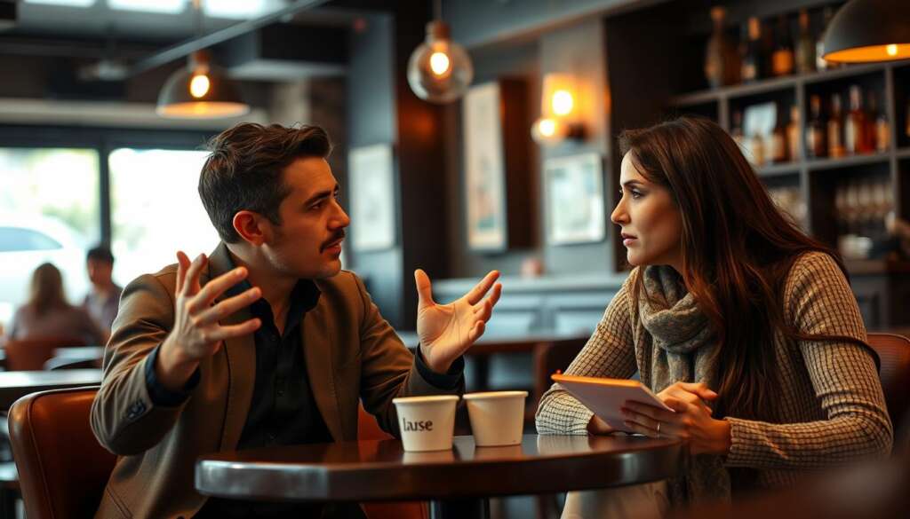 Two people in deep conversation about ethical sourcing in gemstone industry at a cafe